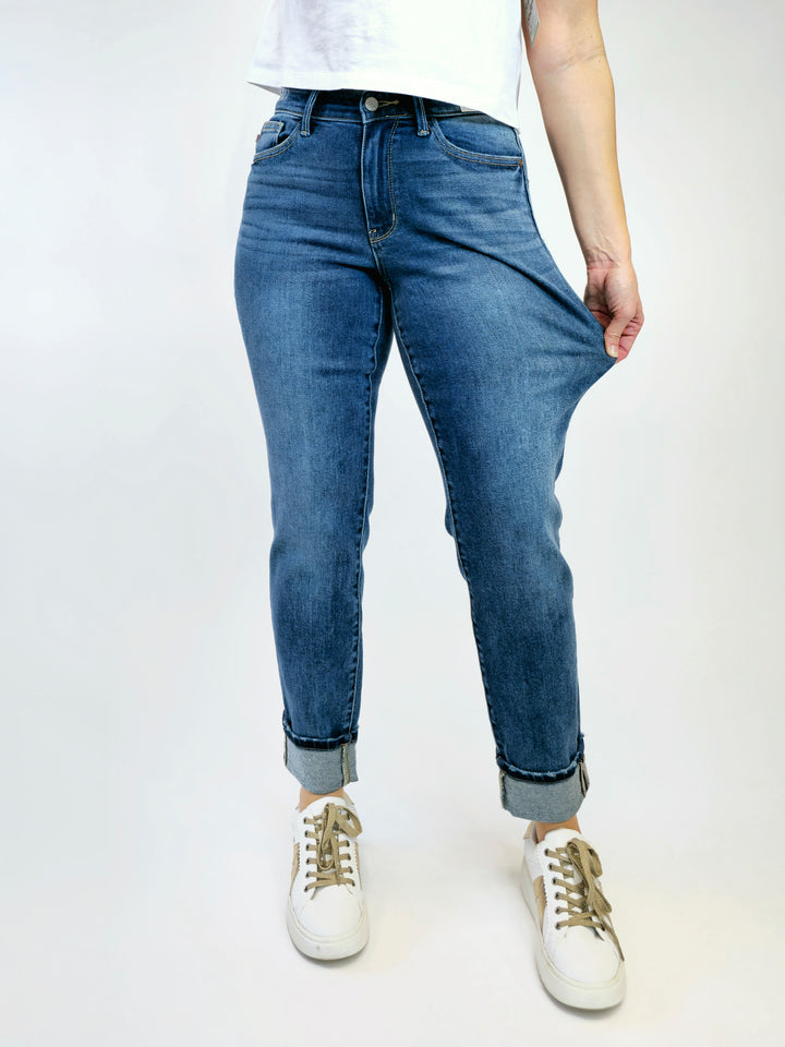 JUDY BLUE MIDRISE VINTAGE WASH W/CUFF BOYFRIEND JEANS - DARK