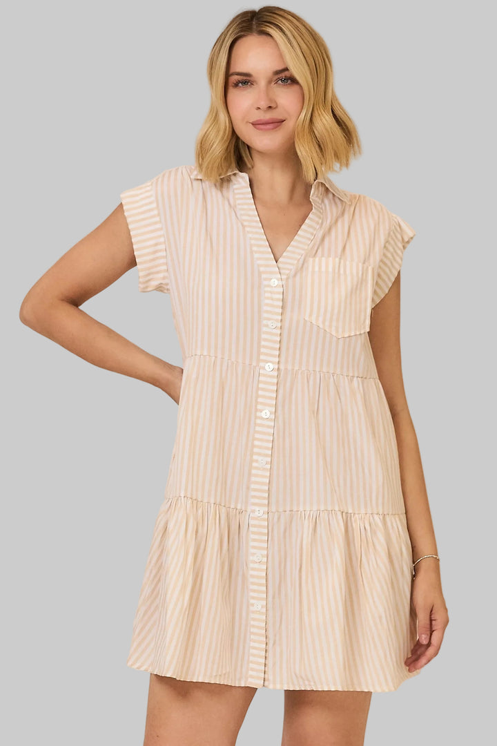 STRIPED CAP SLEEVE TIERED SHORT DRESS - TAN