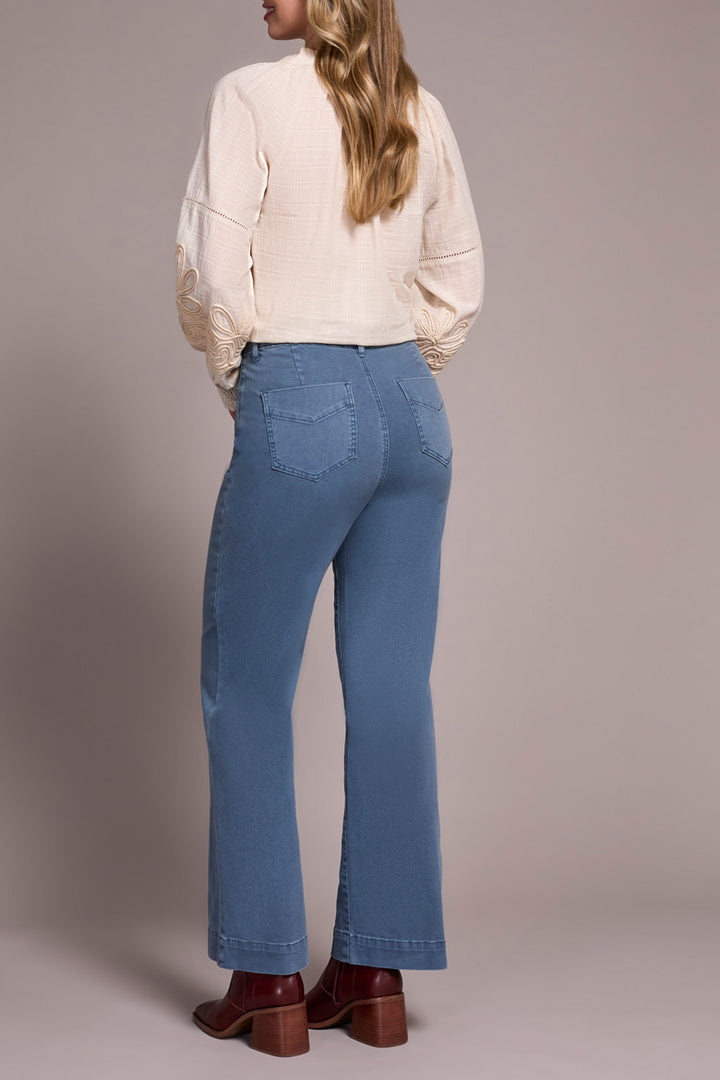 COMFORT STRETCH FLY FRONT WIDE LEG PANTS - SLATE BLUE
