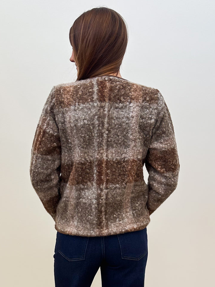 PLAID SHERPA COLLARLESS JACKET W/CORDUROY - BROWN