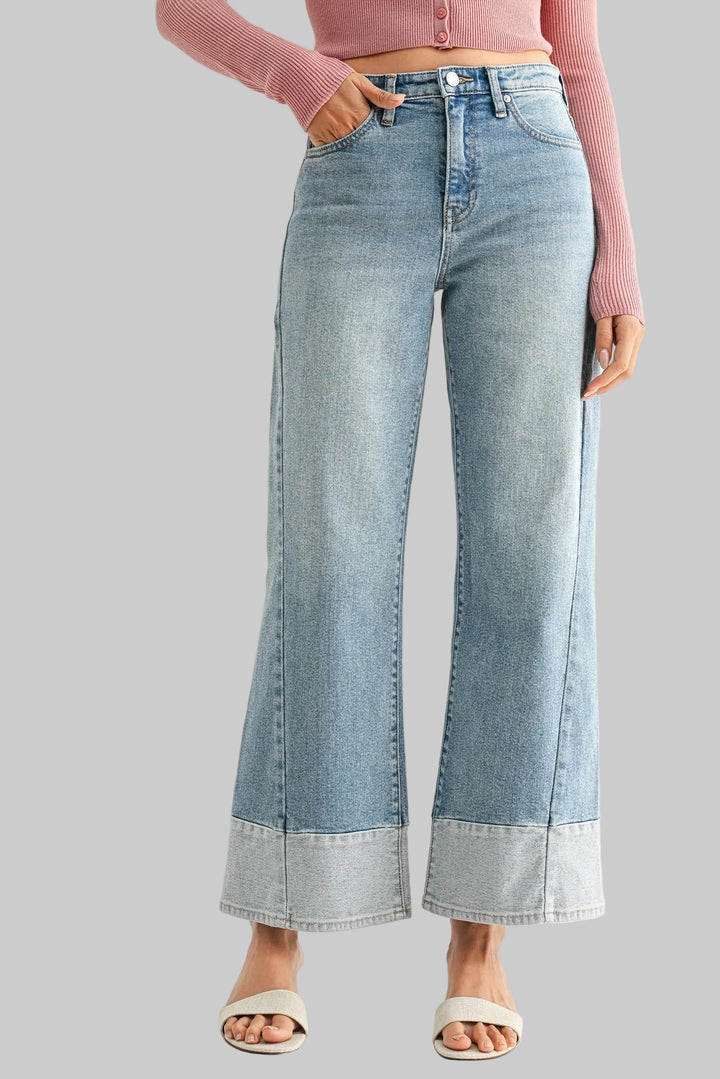 JBD LOW RISE TWO TONED HEM SEAMED SLIM WIDE JEANS - LIGHT DENIM - 29" INSEAM