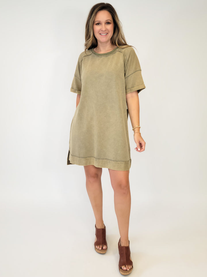 MINERAL WASH FRENCH TERRY MINI DRESS - LT OLIVE