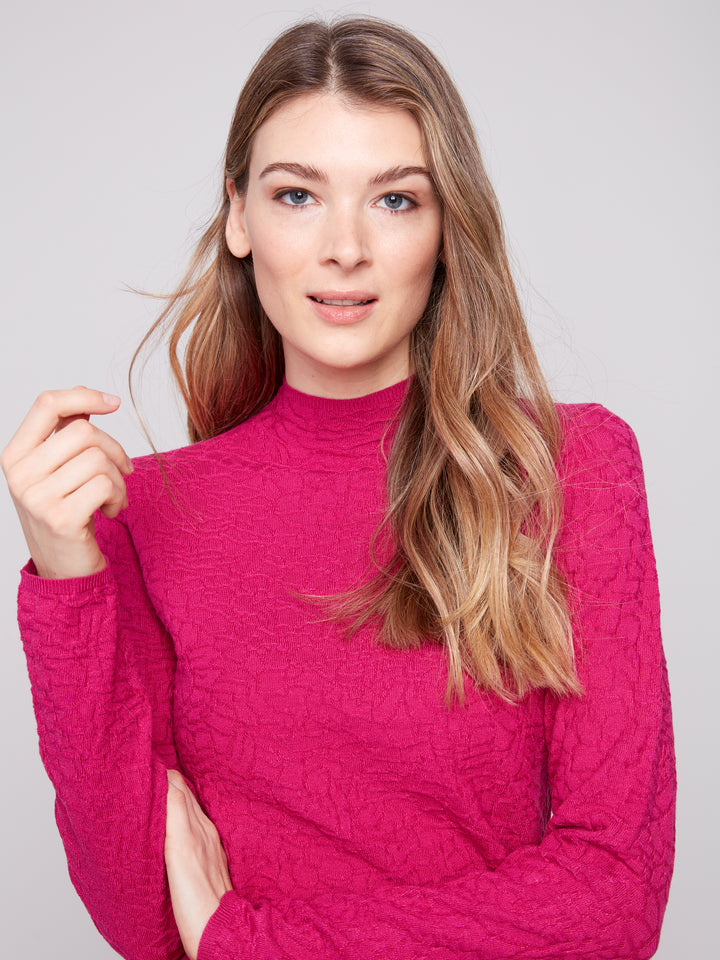 MOCK NECK TEXTURED SWEATER KNIT - HIBISCUS