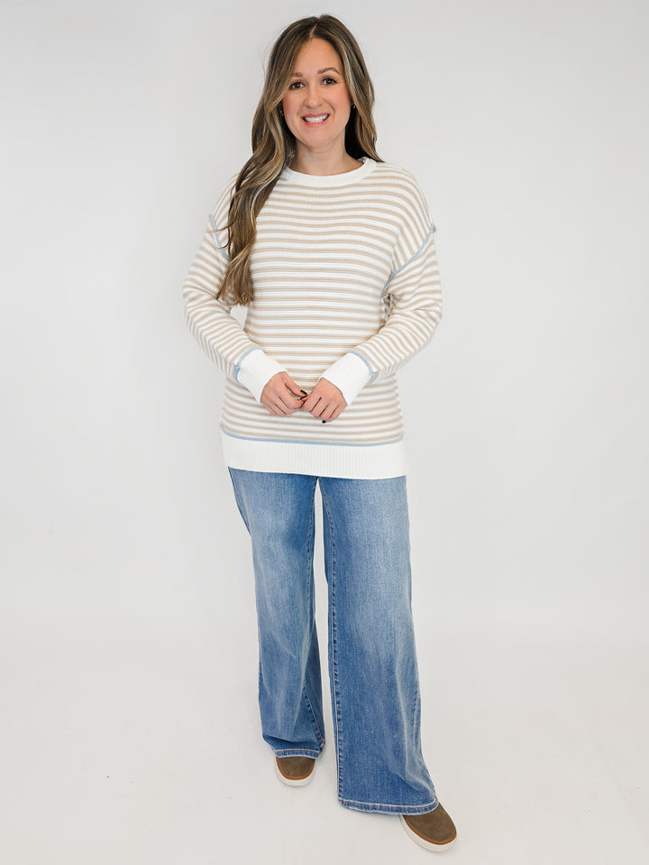 COTTON STRIPE ROLL NECK CONTRAST SWEATER - ECRU STRIPED