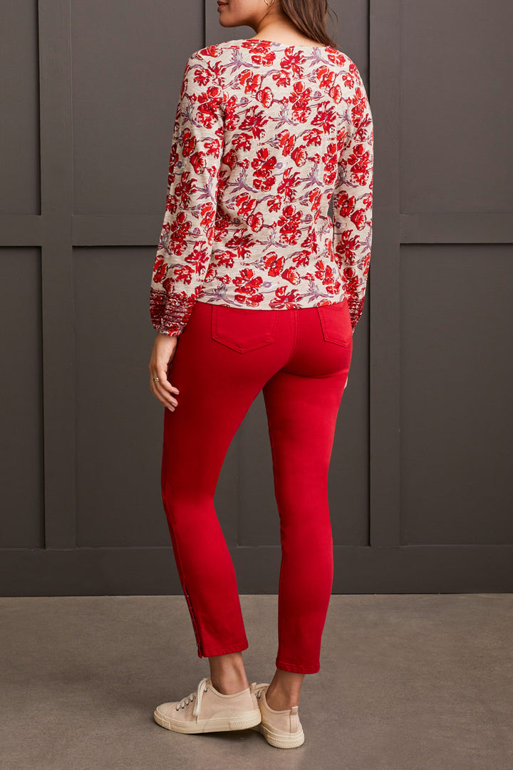 LONG SLEEVE V-NECK TOP W/BUTTONS - SCARLET