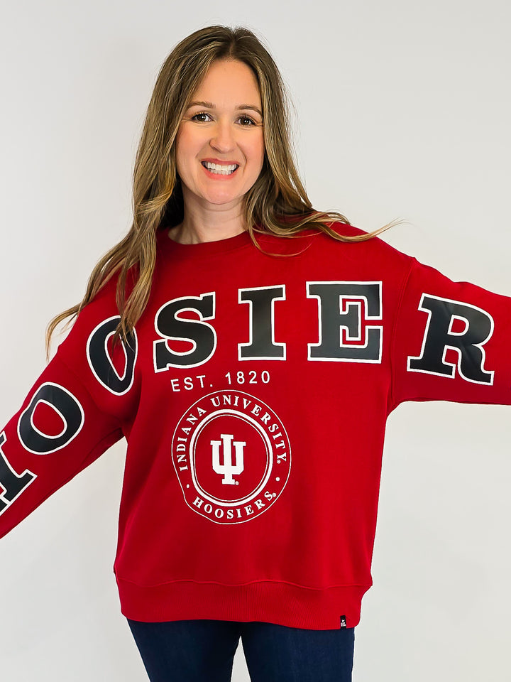 IU LONG SLEEVE SPLIT CREW SWEATER - CRIMSON