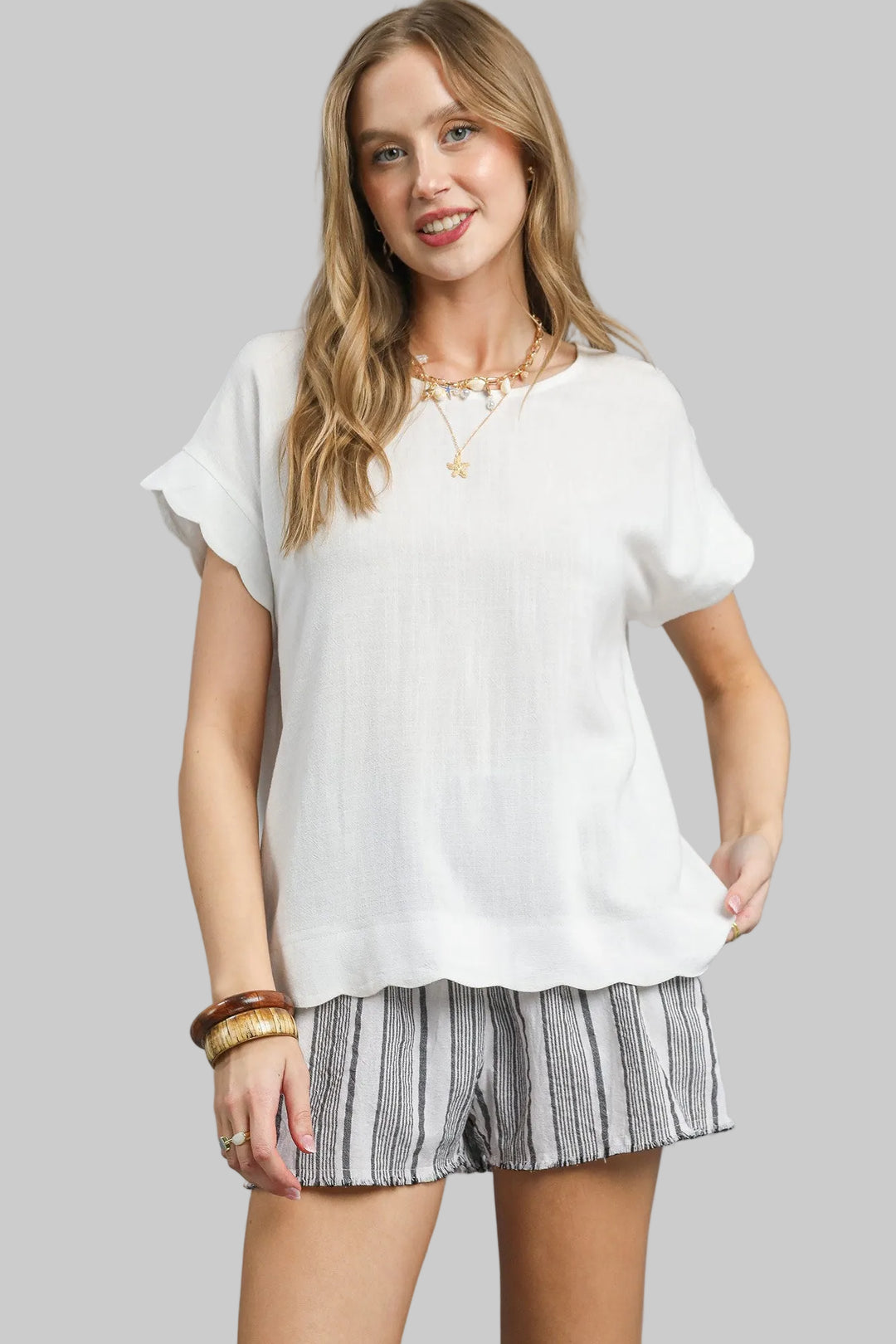 SCALLOP HEM LINEN BLEND TOP - OFF WHITE
