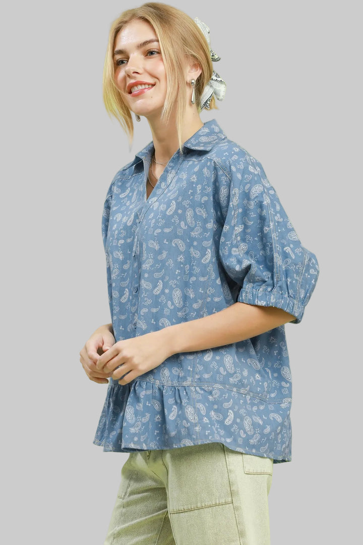 COLLARED FRILLED HEM BUTTON DOWN CHAMBRAY TOP - LIGHT DENIM