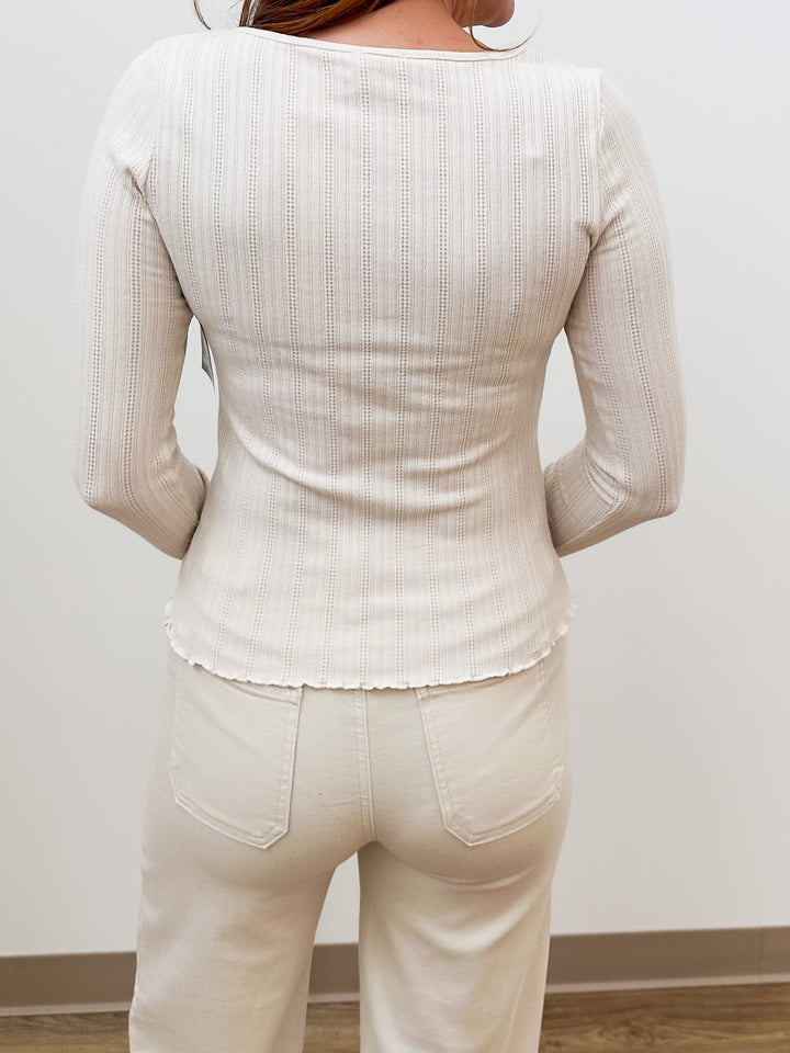 L/S SCOOP NECK TEXTURED RIBBED TOP - ECRU