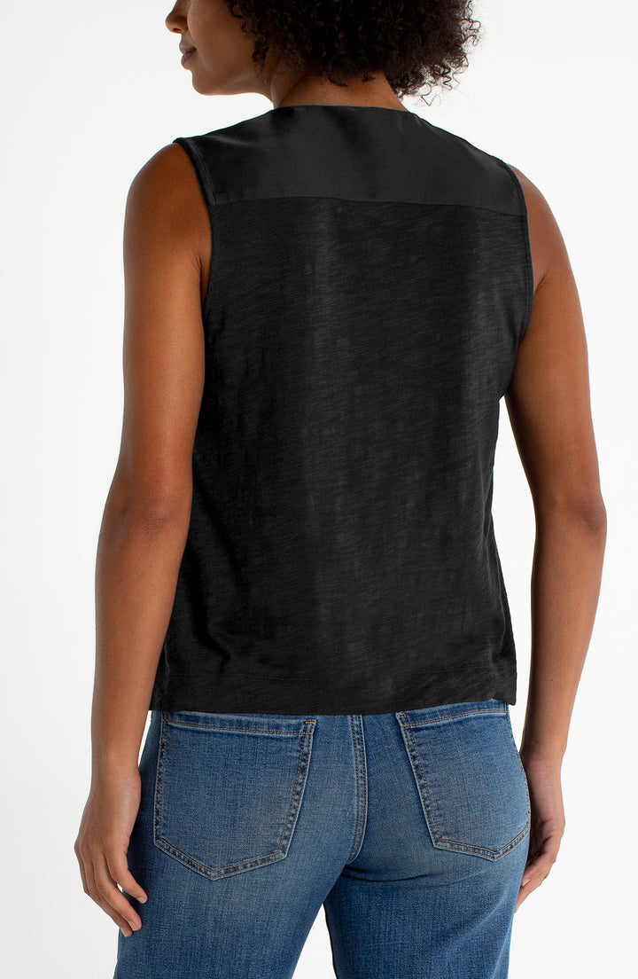 SLEEVELESS V-NECK WOVEN-TO-KNIT TOP - BLACK