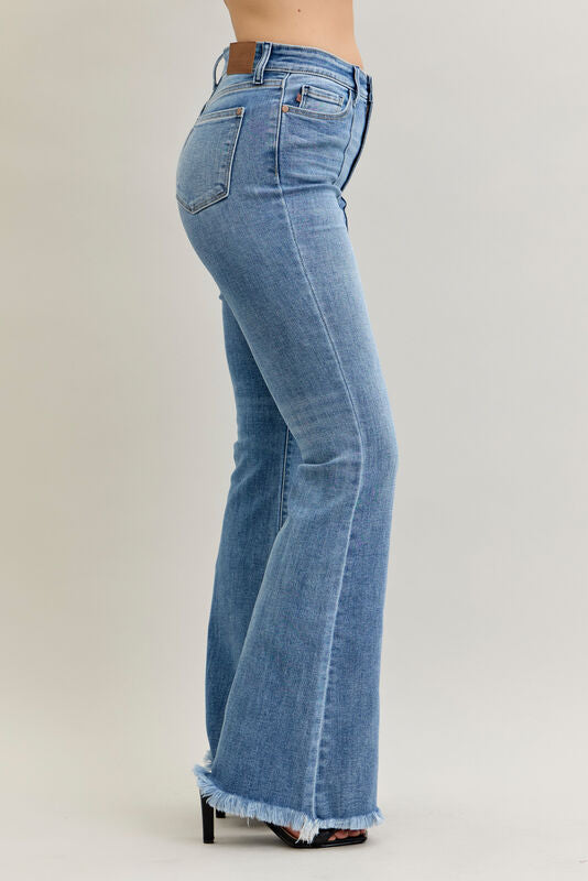JUDY BLUE HW FRONT PINTUCK & FRAY HEM FLARE JEANS - MEDIUM WASH - 33" INSEAM