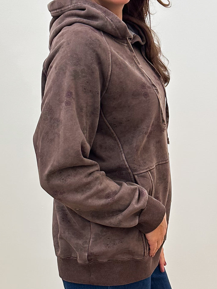 BRUSHED TERRY FLORAL HOODIE PULLOVER - CHOCOLATE BROWN