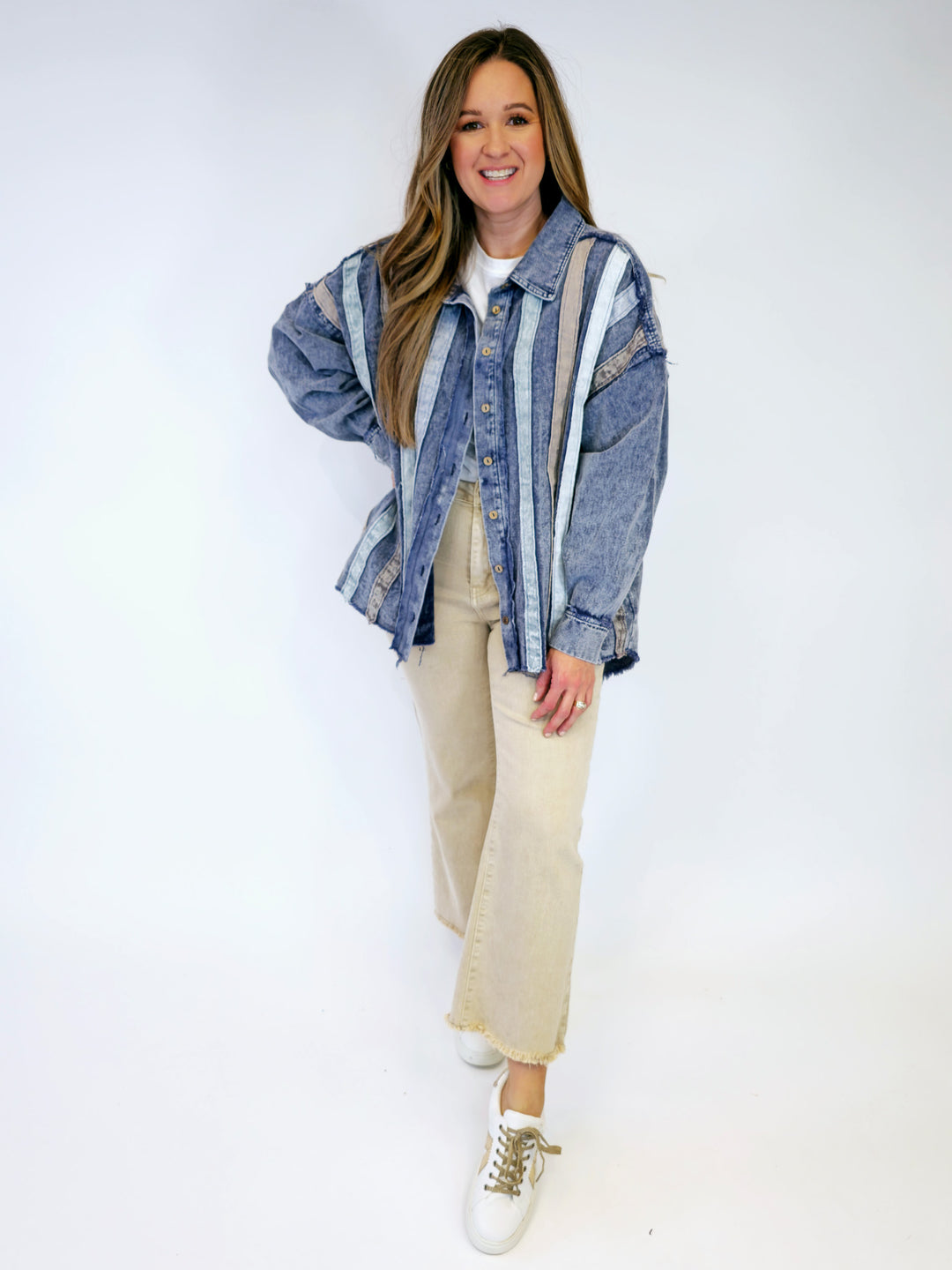 DENIM STRIPED BUTTON DOWN SHACKET - DENIM