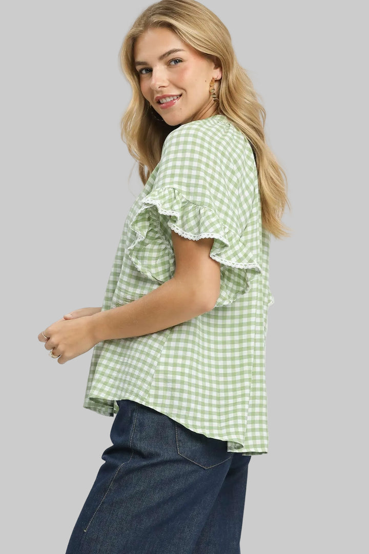 TULIP RUFFLE SLEEVE GINGHAM TOP W/LACE TRIM - SAGE