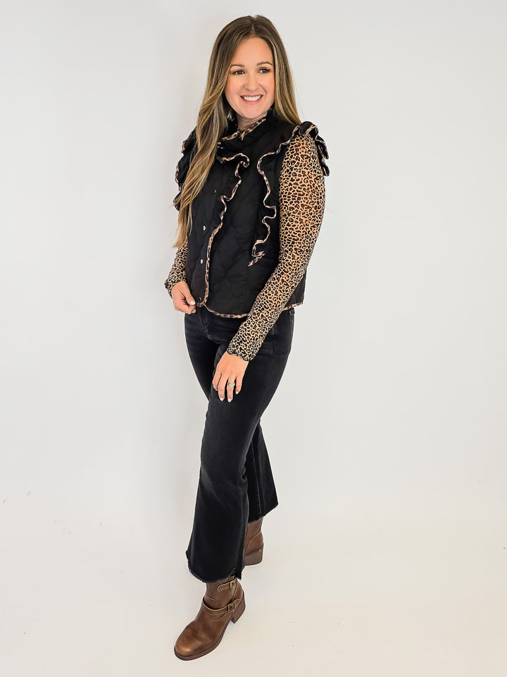 QUILTED RUFFLE VEST W/LEOPARD TRIM - BLACK