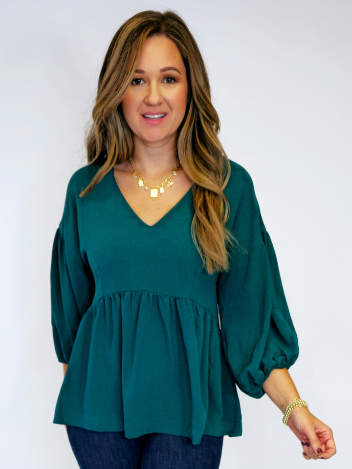 3/4 PUFFED SLEEVES V-NECK BABY DOLL TOP - HUNTER GREEN