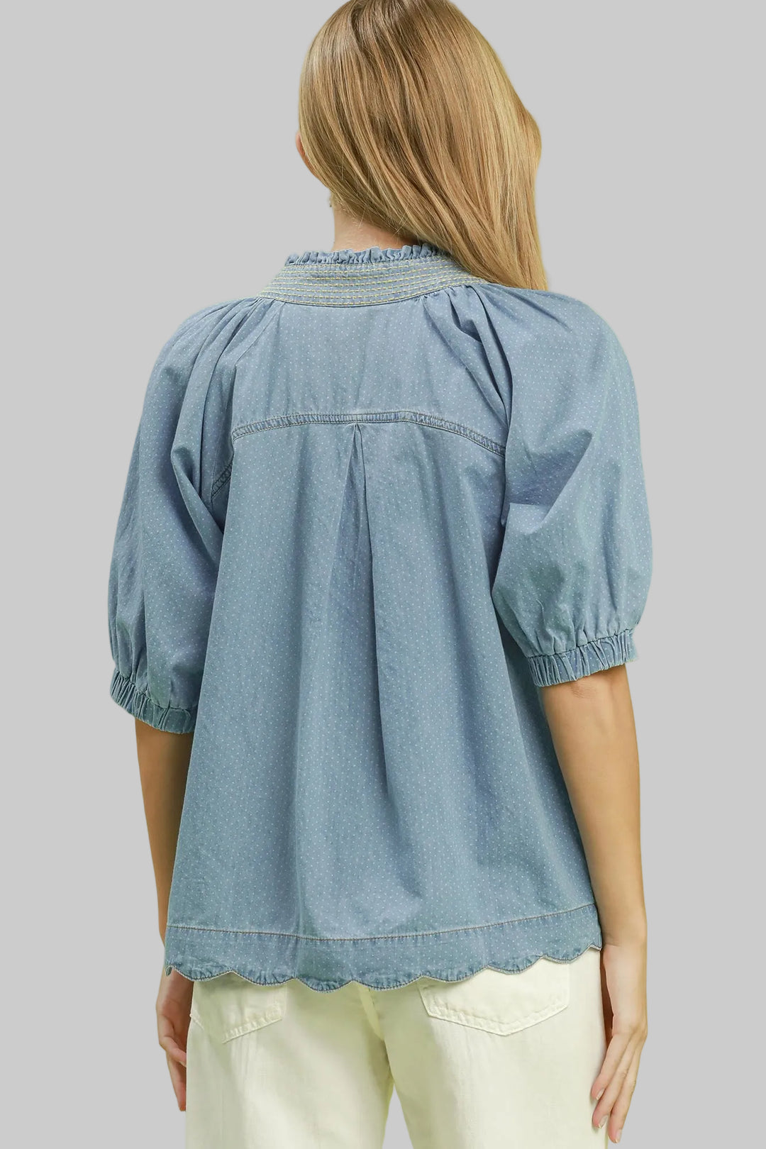 PUFF SHORT SLEEVE PIN DOT CHAMBRAY TOP - LIGHT DENIM