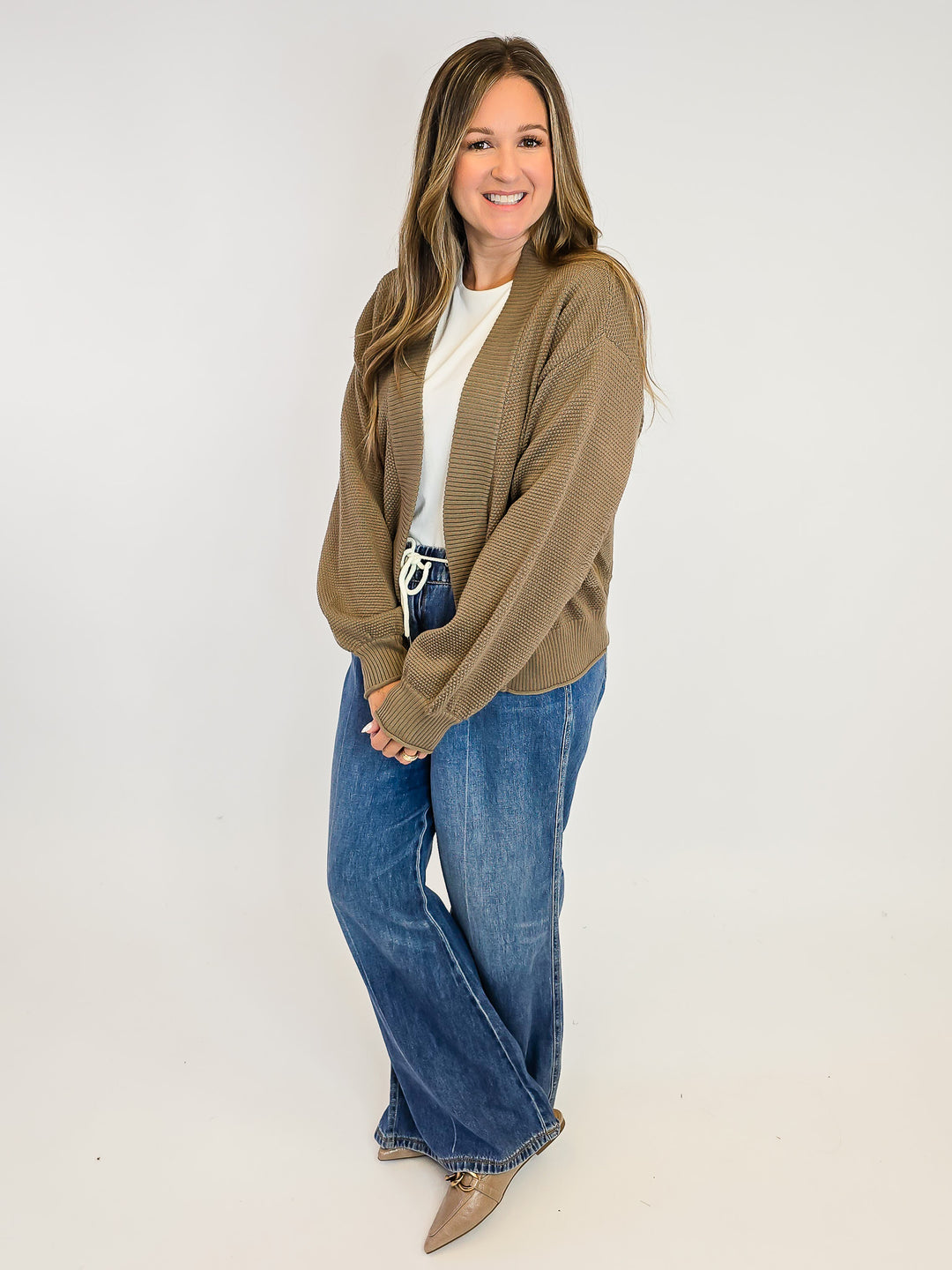 OPEN FRONT BUBBLE SLEEVE KNIT CARDIGAN - MOCHA