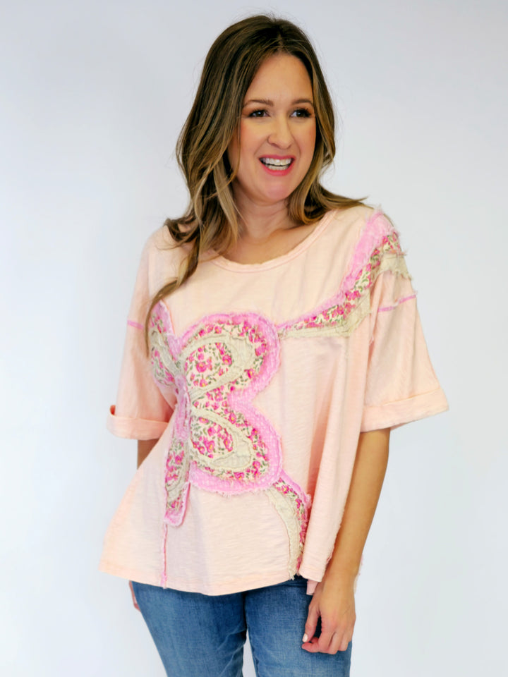 OVERSIZED BOXY FLOWER PATCH TOP - BLUSH