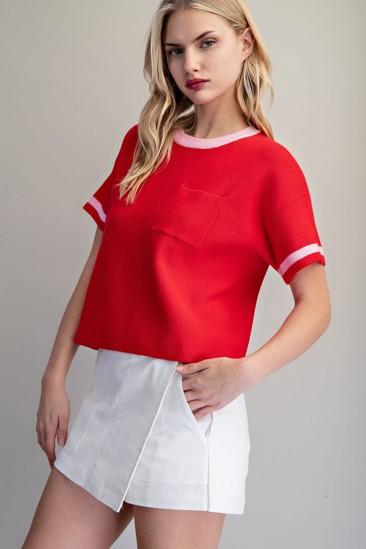 SHORT SLEEVE CONTRAST KNIT TOP - TOMATO