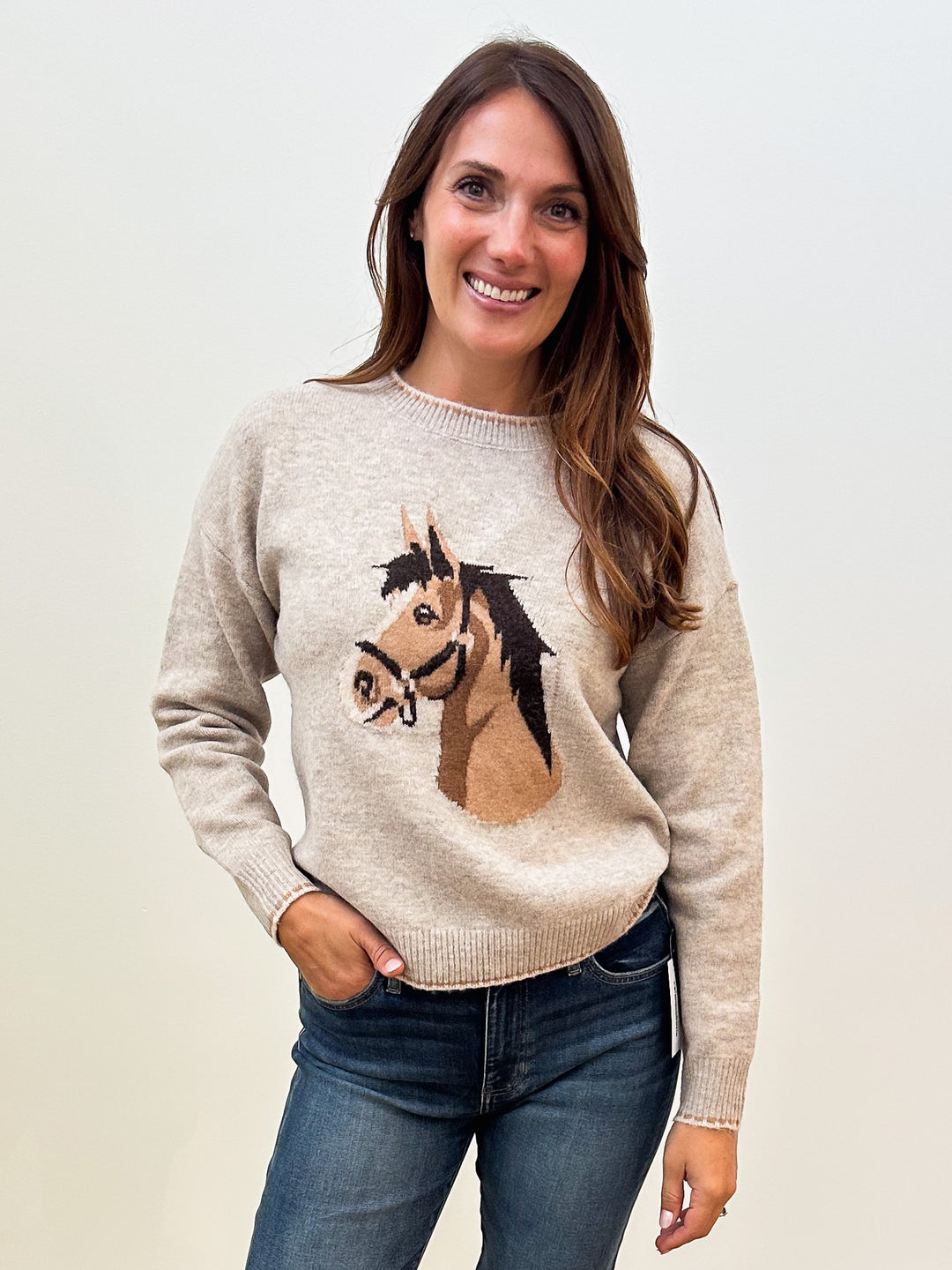 STITCH TRIM HORSE JACQUARDED PULLOVER - TAUPE