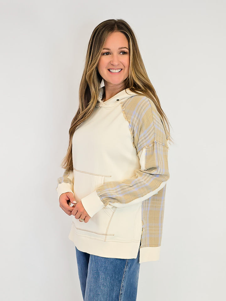 PLAID MIX TERRY PULLOVER HOODIE - ECRU