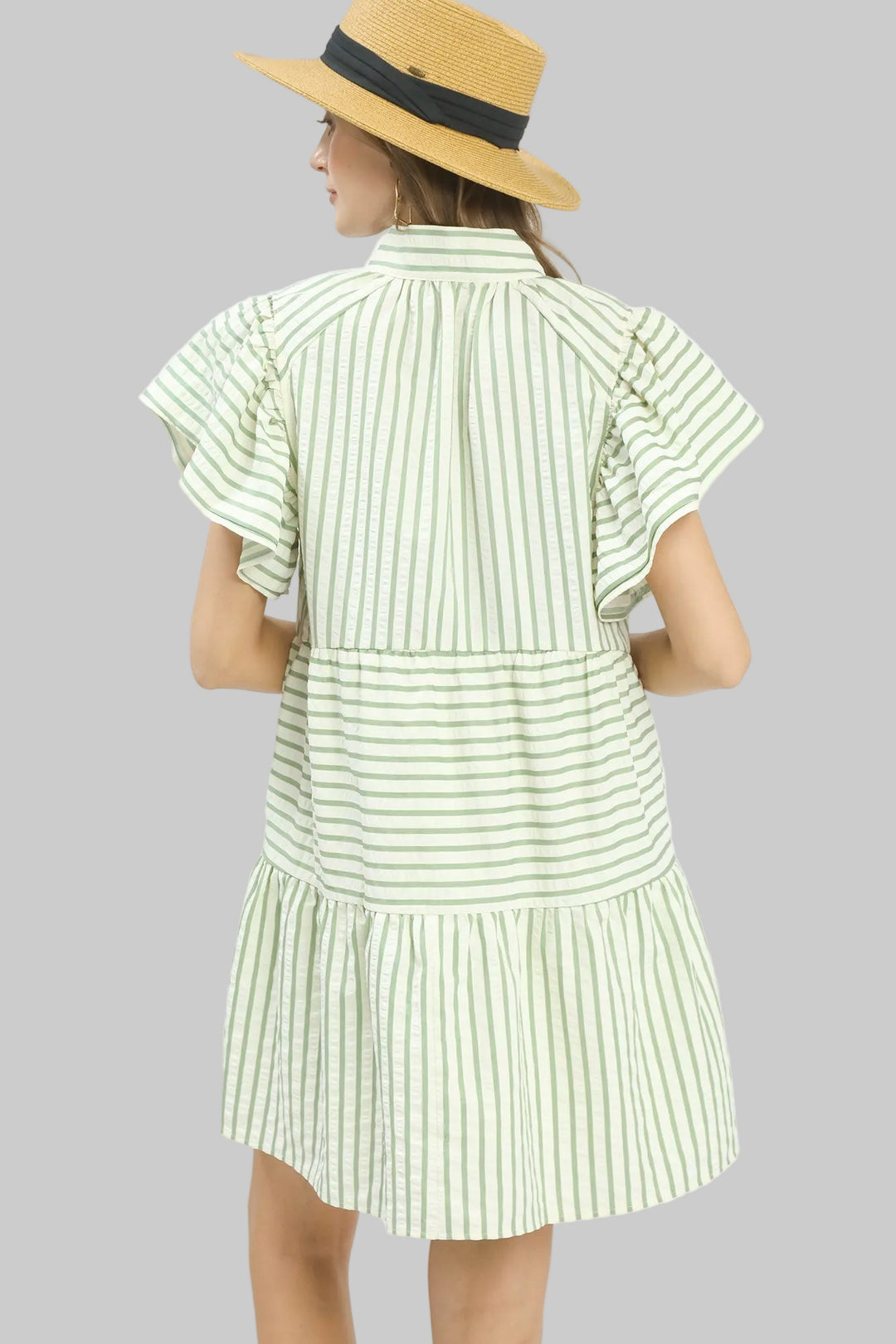 FLUTTER SLEEVE STRIPED BABY DOLL DRESS - SAGE