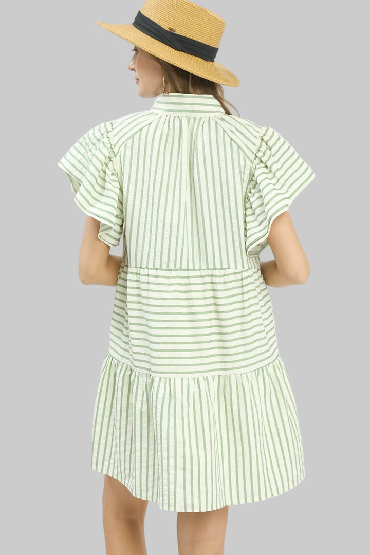 FLUTTER SLEEVE STRIPED BABY DOLL DRESS - SAGE