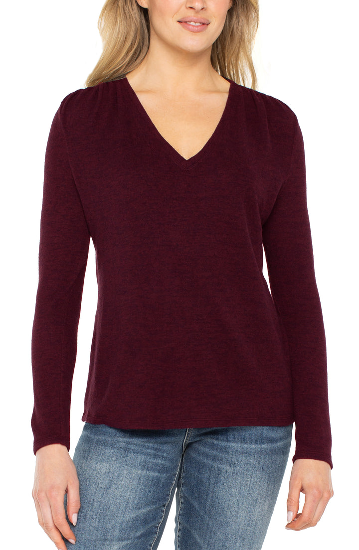 LONG SLEEVE VNECK KNIT TOP W/SHIRRING - MAROON MELANGE