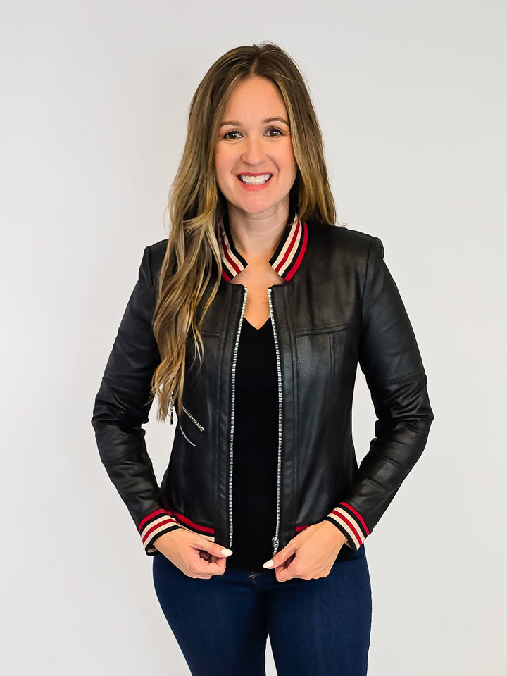 ZIP UP FAUX LEATHER JACKET - BLACK