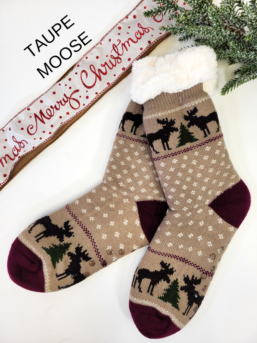 SLIPPER SOCKS WITH GRIPPIES, TAUPE MOOSE