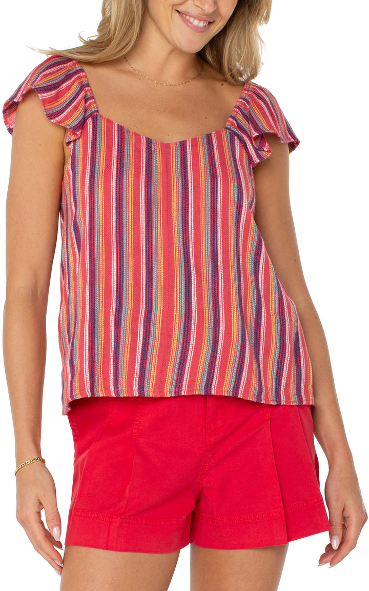 FLUTTER SLEEVE WOVEN TOP W/TIE - RED/BLUE STRIPE