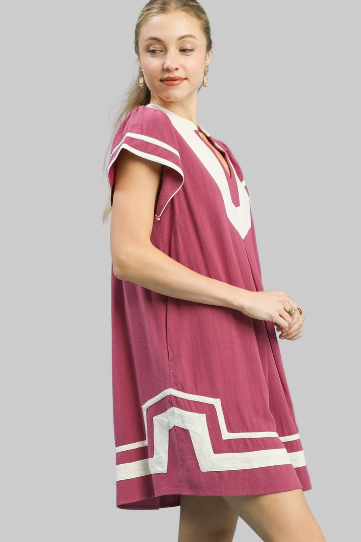 FLUTTER SLEEVE LINEN CONTRAST TRIM SHORT DRESS - BERRY