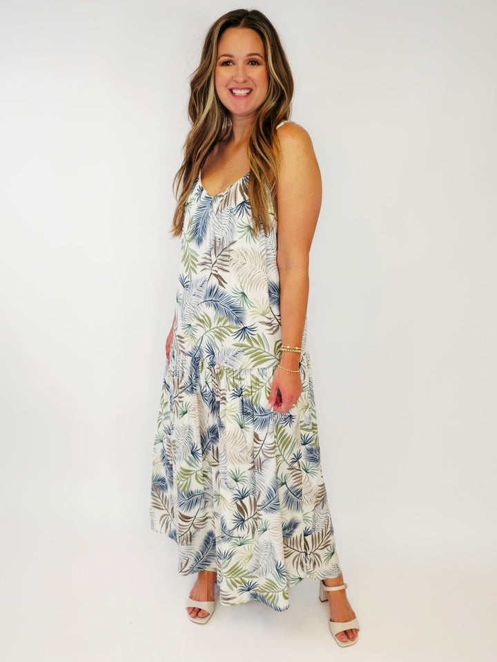TIERED STRAPPY SLEEVELESS MAXI DRESS - BEIGE/NAVY