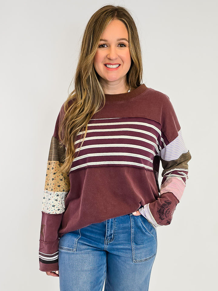 STRIPE MIX TERRY SOFT WASHED PULLOVER - GRAPE