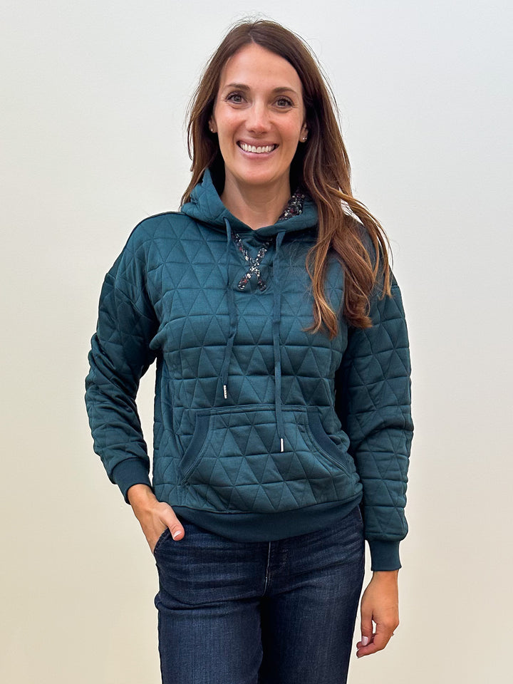 QUILTED HOODIE CONTRAST FLORAL PULLOVER  - DARK TEAL