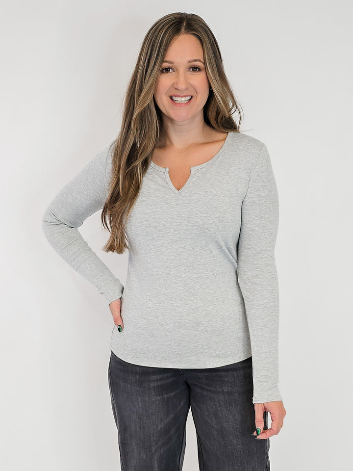 ULTRA SOFT NOTCHED NECK LONG SLEEVE TEE - HEATHER GREY