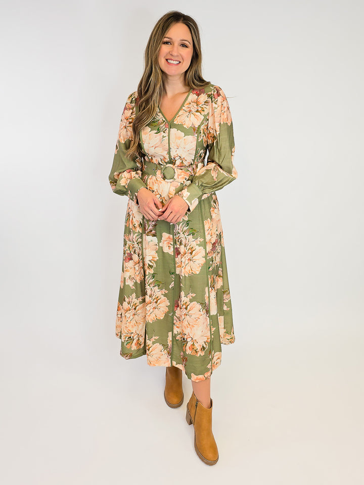 FLORAL MACI DRESS W/ LONG SLEEVES - OLIVE