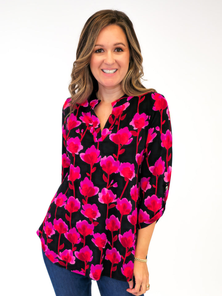 DEAR SCARLETT STRETCHY LIZ TOP WITH 3/4 SLEEVES - BLACK/FUCHSIA FLORAL