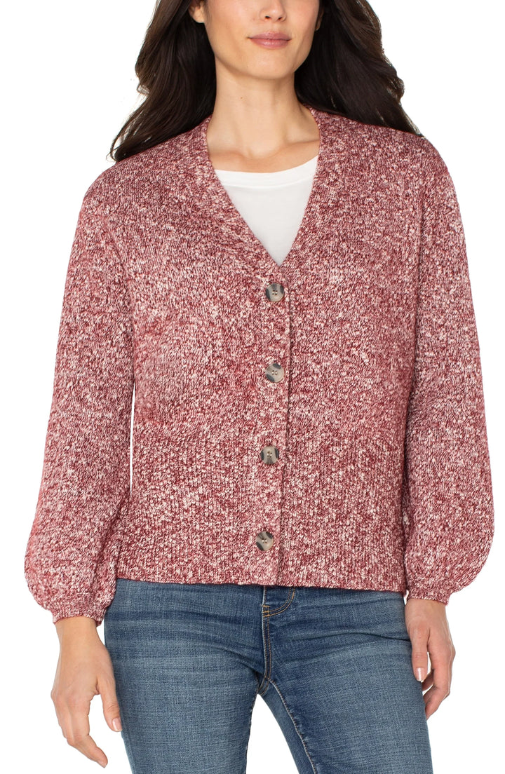 LONG SLEEVE BUTTON FRONT CARDIGAN SWEATER - MAROON MELANGE