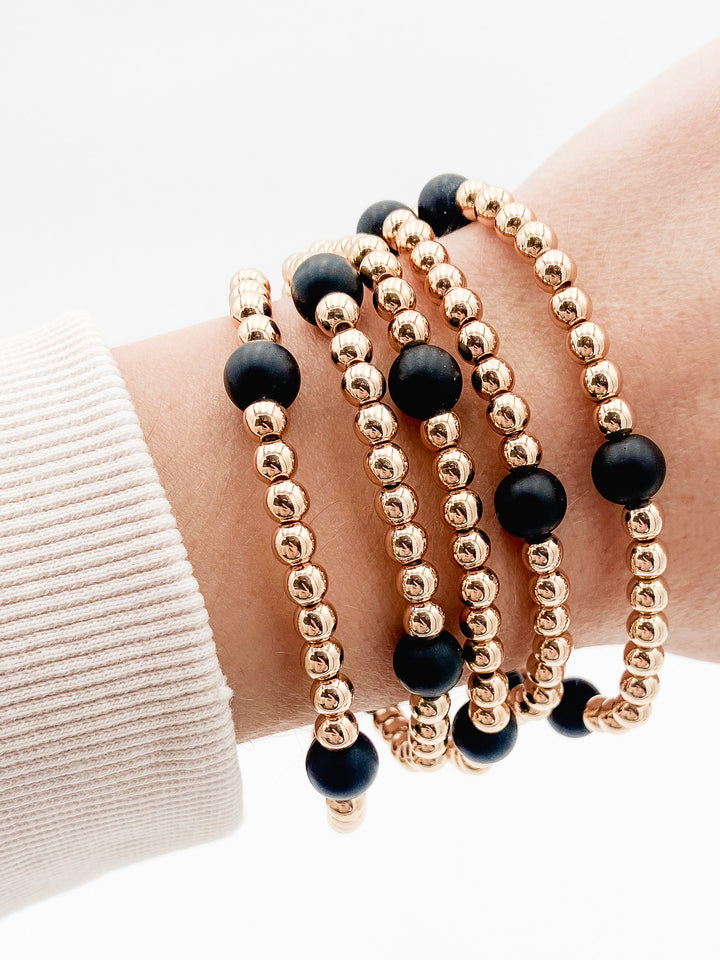 S/5 ROUND STONE STRETCH BRACELETS - GOLD/BLACK