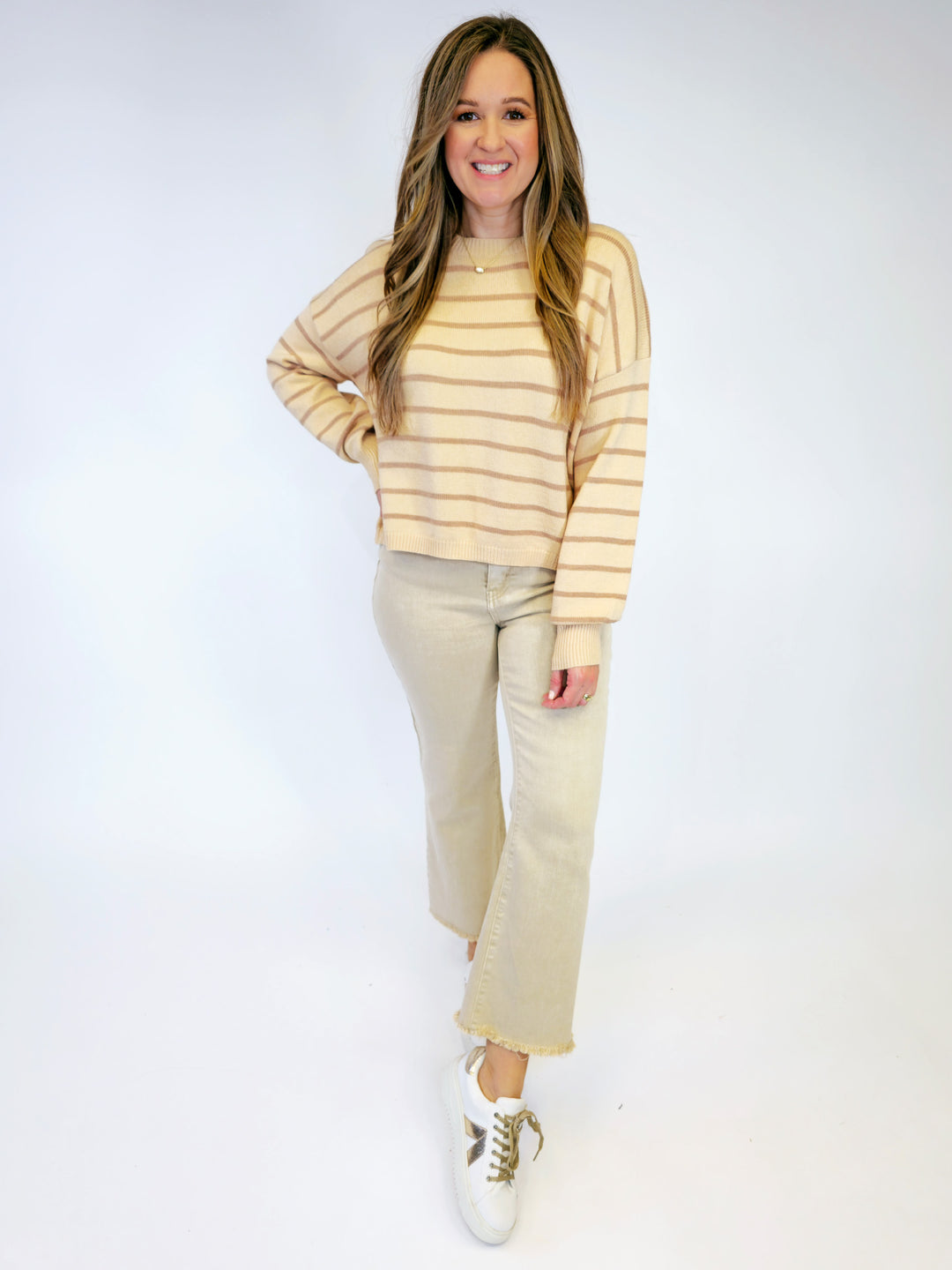 STRIPED LONG SLEEVE PULLOVER - MOCHA