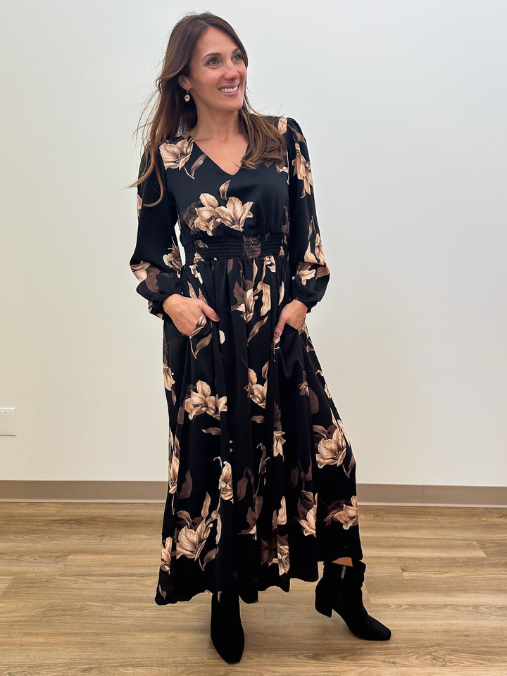 L/S WOVEN SMOCKED MAXI DRESS - BLACK