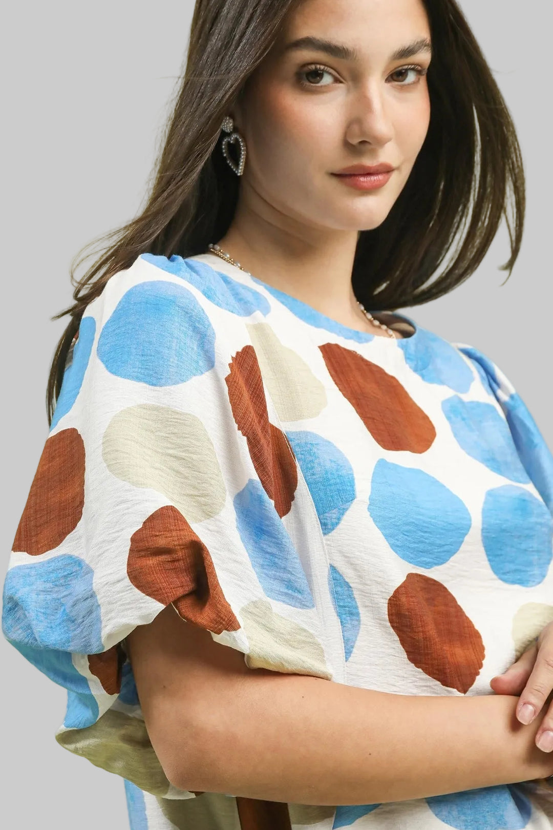 BUBBLE SLEEVE CIRCLE PRINT CONTRAST SHORT DRESS - AQUA MIX