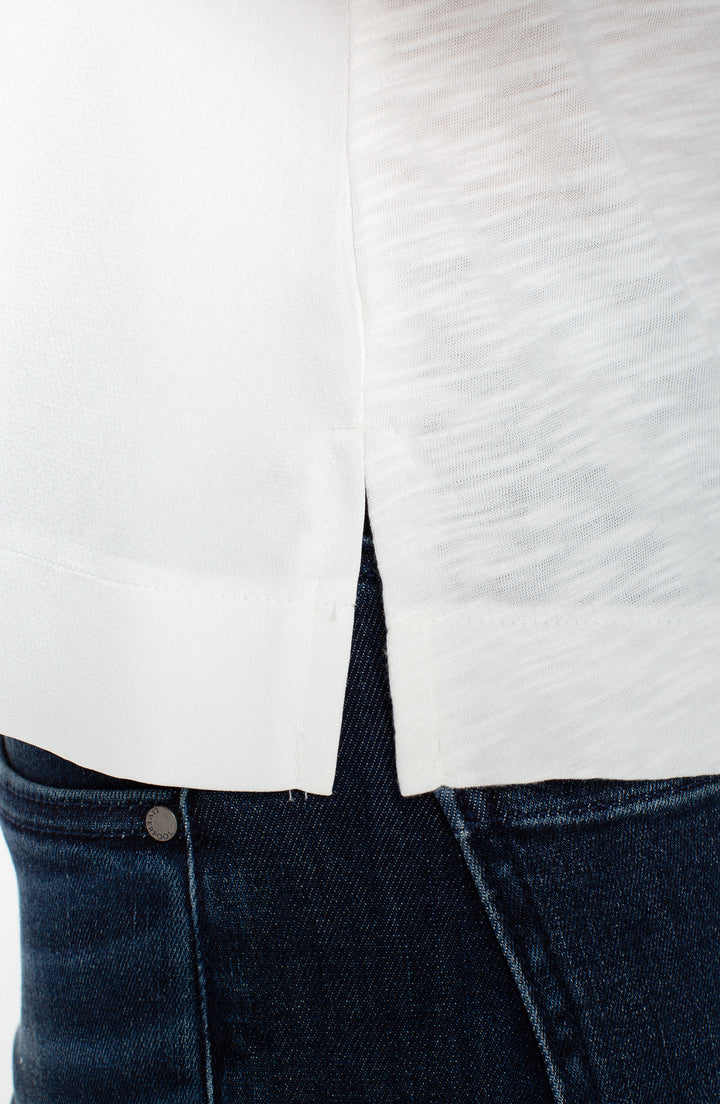 SLEEVELESS V-NECK WOVEN-TO-KNIT TOP - WHIPPED CREAM