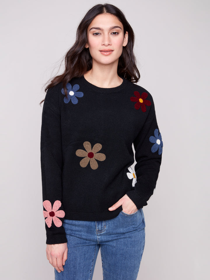 SUPER PLUSH SWEATER W/BOUCLE FLOWERS - BLACK