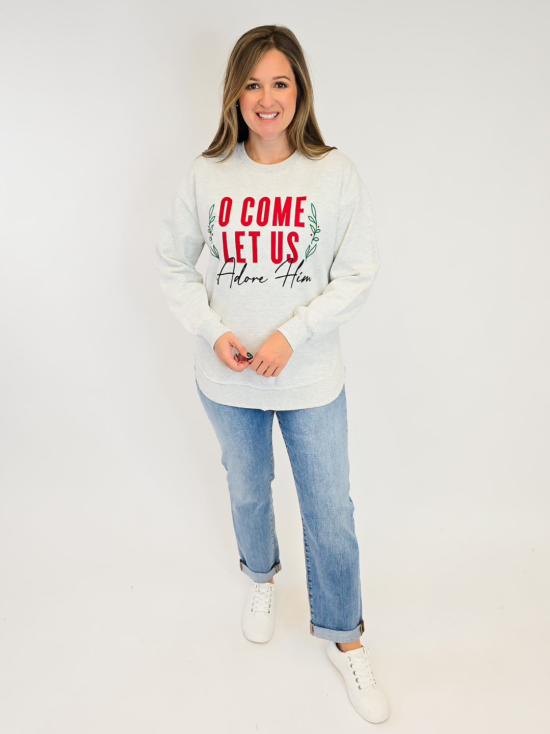 'O COME LET US ADORE HIM' CREW NECK PULLOVER - OATMEAL