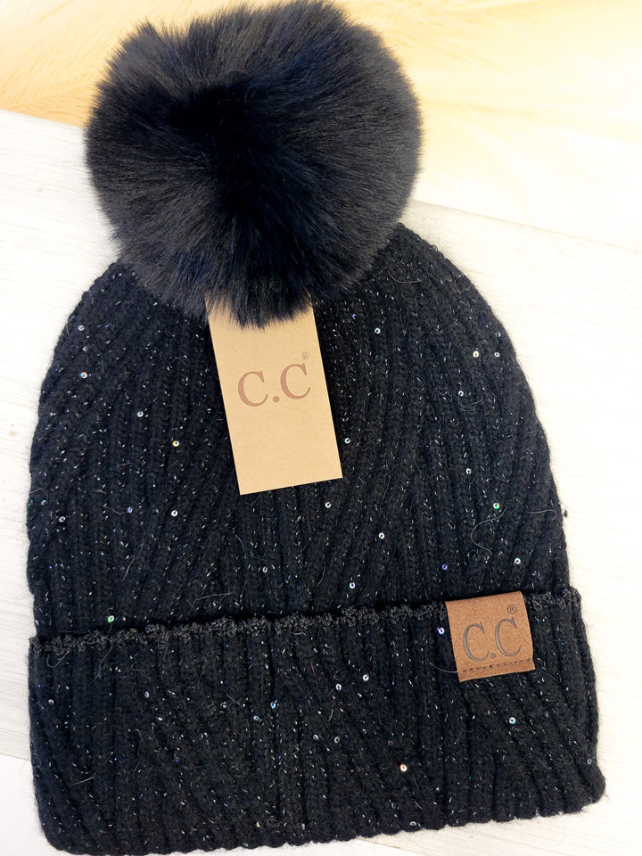 SEQUIN POM BEANIE HAT , BLACK