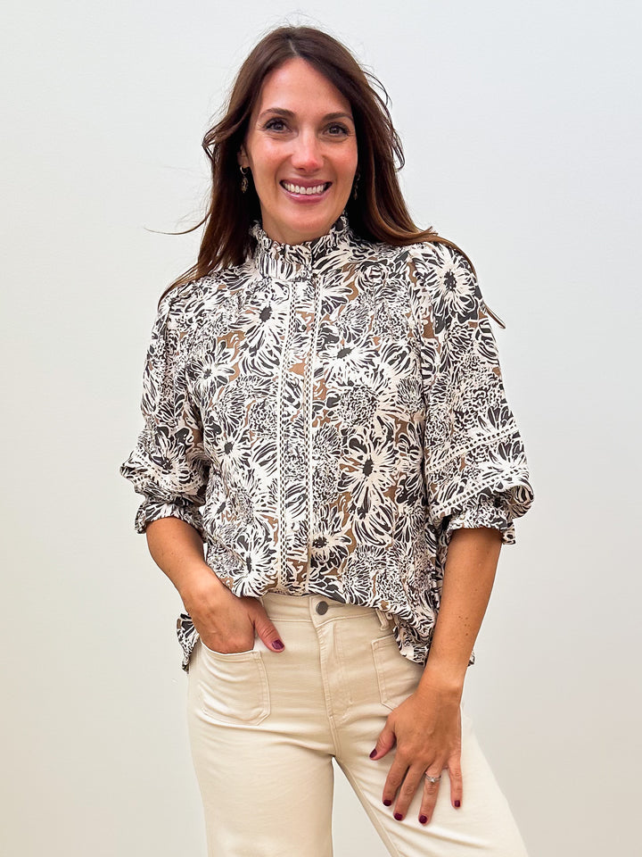 FLORAL LACE TRIM BUTTON FRONT BLOUSE - TAUPE