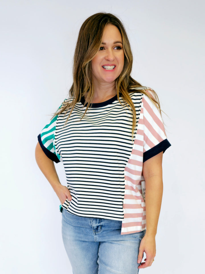 STRIPED COLOR BLOCK SHORT SLEEVE TOP - EMERALD